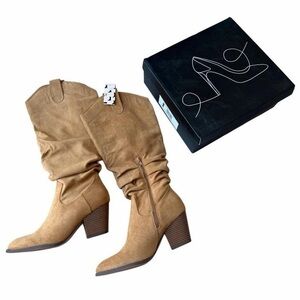 Suede Cowboy Knee-High Pointed-Toe Slouch Boots in Light Brown/Tan